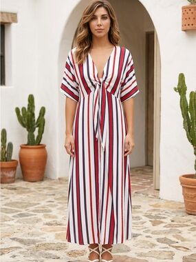 Ella Red, Navy & White Vertical-Stripe Tie-Front Maxi Dress